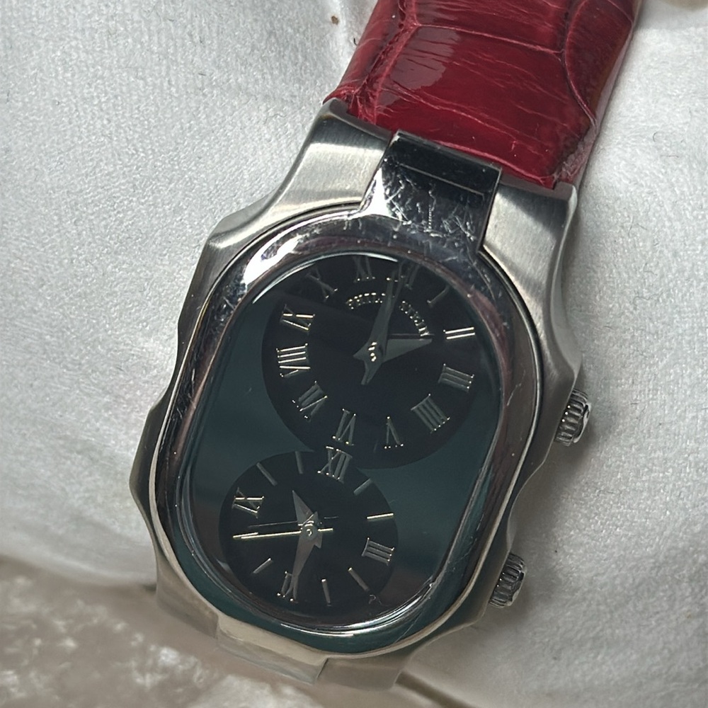 Philip Stein Dual Time Genuine Alligator Red Leather Watch AS IS